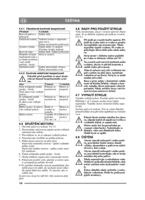 Page 136136
ČEŠTINACS
4.4.1 Všeobecná kontrola bezpečnosti
4.4.2 Kontrola elektrické bezpečnosti
Pokaždé před použitím se musí zkont-
rolovat činnost bezpečnostního systé-
mu.
4.5 SPUŠTĚNÍ MOTORU1. Otevřete palivový kohout. Viz 15.
2.  Zkontrolujte, zda jsou na zapalovacích svíčkách 
nainstalovány kabely.
3. Přesvědčete se, že je odpojen vedlejší pohon. 
4.  Nenechávejte chodidlo na pedálu pohonu. 
5. Páčku plynu nastavte na plný plyn. 
Startování studeného motoru – úplně vytáhněte 
páčku sytiče. 
Startování...