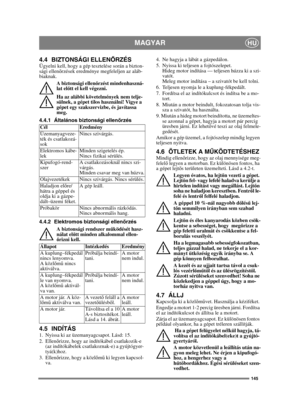 Page 145145
MAGYARHU
4.4 BIZTONSÁGI ELLENŐRZÉSÜgyelni kell, hogy a gép tesztelése során a bizton-
sági ellenőrzések eredménye megfeleljen az aláb-
biaknak.
A biztonsági ellenőrzést mindenhaszná-
lat előtt el kell végezni.
Ha az alábbi követelmények nem telje-
sülnek, a gépet tilos használni! Vigye a 
gépet egy szakszervizbe, és javítassa 
meg.
4.4.1 Általános biztonsági ellenőrzés
4.4.2 Elektromos biztonsági ellenőrzés
A biztonsági rendszer működését hasz-
nálat előtt minden alkalommal ellen-
őrizni kell.
4.5...