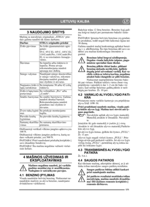 Page 171171
LIETUVIŲ KALBALT
3 NAUDOJIMO SRITYS
Mašiną su nurodytais originaliais „STIGA“ prie-
dais galima naudoti tik šiems darbams.
Didžiausioji vertikali vilkimo jungties apkrova yra 
100 N.
Didžiausioji vilkimo jungties perkrova, kurią su-
daro velkami priedai, yra 500 N.
PASTABA! Prieš naudodami priekabą kreipkitės į 
savo draudimo bendrovę.
PASTABA! Šia mašina negalima važiuoti viešai-
siais keliais.
4 MAŠINOS UŽVEDIMAS IR 
EKSPLOATAVIMAS
Mašinos negalima naudoti, jei variklio 
gaubtas neuždarytas ir...