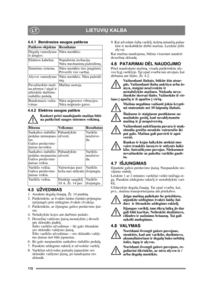 Page 172172
LIETUVIŲ KALBALT
4.4.1 Bendrosios saugos patikros
4.4.2 Elektros saugos patikra
Kaskart prieš naudojantis mašina būti-
na patikrinti saugos sistemos veikimą.
4.5 UŽVEDIMAS1. Atsukite degalų čiaupą. Žr. 14 punktą.
2.  Patikrinkite, ar žvakės laidas (laidai) prijungtas 
(prijungti) prie uždegimo žvakės (žvakių).
3.  Patikrinkite, ar išjungtas galios perdavimo įtai-
sas. 
4.  Nelaikykite kojos ant darbinio pedalo. 
5. Droselinį valdymo įtaisą nustatykite į droseli-
nės sklendės padėtį.  
Šalto variklio...