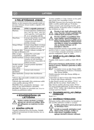 Page 180180
LATVISKILV
3 PIELIETOŠANAS JOMAS
Mašīna var tikt izmantota tikai turpmāk minēto uz-
devumu veikšanai, lietojot minētos oriģinālos STI-
GA piederumus.
Vilkšanas āķa maksimālā vertikālā slodze nedrīkst 
pārsniegt 100 N.
Vilkšanas āķa maksimālā vilkto piederumu radītā 
slodze nedrīkst pārsniegt 500 N.
PIEZĪME! Pirms autopiekabes lietošanas – sazi-
nieties ar jūsu apdrošināšanas sabiedrību.
PIEZĪME! Šī mašīna nav paredzēta tam, lai ar to 
brauktu pa publiskiem ceļiem.
4 IEDARBINĀŠANA UN 
LIETOŠANA
Mašīnu...