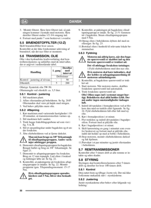 Page 3030
DANSKDA
3.  Montér filteret. Skru først filteret ind, så pak-
ningen kommer i kontakt med motoren. Skru 
derefter filteret endnu 1/2-3/4 omgang ind.
4. Fortsæt med punkt 7 som beskrevet i ovenfor.
5.5 BRÆNDSTOFFILTER (12:Z)Skift brændstoffilter hver sæson.
Kontrollér at der ikke forekommer udsivning af 
brændstof, når det nye filter er monteret.
5.6 TRANSMISSION, OLIEOlie i den hydrauliske kraftoverføring skal kon-
trolleres/justeres og udskiftes med de intervaller, 
der er angivet i nedenstående...