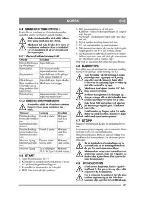 Page 3737
NORSKNO
4.4 SIKKERHETSKONTROLLKontroller at resultatet av sikkerhetskontrollen 
nedenfor innfris ved test av aktuell maskin.
Sikkerhetskontrollen skal alltid utføres 
hver gang maskinen tas i bruk.
Maskinen må ikke brukes hvis noen av 
resultatene nedenfor ikke er innfridd! 
Lever maskinen på et serviceverksted 
for reparasjon.
4.4.1 Generell sikkerhetskontroll
4.4.2 Elektrisk sikkerhetskontroll
Kontroller alltid at sikkerhetssystemet 
fungerer hver gang maskinen tas i 
bruk.
4.5 START1.  Åpne...
