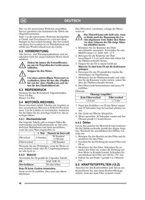 Page 4848
DEUTSCHDE
Der von der autorisierten Werkstatt ausgeführte 
Service garantiert eine fachmännische Arbeit mit 
Originalersatzteilen.
Jeder von der autorisierten Werkstatt durchgeführ-
te Grund- und Zwischenservice wird mit einem 
Stempel im Serviceheft bestätigt. Das Serviceheft 
mit diesen Servicedaten ist ein Wertdokument und 
erhöht den Wiederverkaufswert des Geräts.
5.2 VORBEREITUNGAlle Service- und Wartungsmaßnahmen sind am 
ruhenden Gerät bei ausgeschaltetem Motor durch-
zuführen.
Ziehen Sie immer...