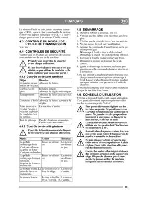 Page 6565
FRANÇAISFR
Le niveau d’huile ne doit jamais dépasser la mar-
que « FULL » pour éviter la surchauffe du moteur. 
Si le niveau dépasse la marque « FULL », il faut vi-
danger pour revenir à un niveau d’huile correct.
4.3 CONTRÔLE DU NIVEAU DE 
L’HUILE DE TRANSMISSION
Voir 5.6.1.
4.4 CONTRÔLES DE SÉCURITÉVérifier que les résultats des contrôles de sécurité 
sont atteints lors du test de la machine.
Procéder aux contrôles de sécurité 
avant chaque utilisation.
Si l’un des résultats ci-dessous n’est pas...
