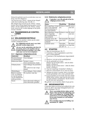 Page 7575
NEDERLANDSNL
Schroef de peilstok weer los en trek deze weer om-
hoog. Lees het oliepeil af.
Vul olie bij tot de FULL-streep als het oliepeil 
onder deze markering staat. Zie afb. 11.
Het oliepeil mag nooit boven de “FULL”-streep 
komen. Een te hoog oliepeil kan de motor overver-
hitten. Als het oliepeil boven de “FULL”-streep 
komt, moet de olie worden afgetapt tot het juiste 
niveau is bereikt.
4.3 TRANSMISSIEOLIE CONTRO-
LEREN
Zie 5.6.1.
4.4 VEILIGHEIDSCONTROLEControleer of de machine voldoet aan de...