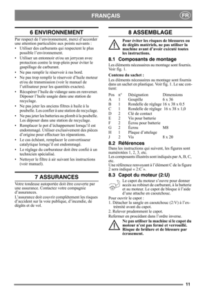 Page 1111
FRANÇAISFR
6 ENVIRONNEMENT
Par respect de l’environnement, merci d’accorder 
une attention particulière aux points suivants :
• Utiliser des carburants qui respectent le plus 
possible l’environnement. 
• Utiliser un entonnoir et/ou un jerrycan avec  protection contre le tr op-plein pour éviter le 
gaspillage de carburant. 
• Ne pas remplir le  réservoir à ras bord. 
• Ne pas trop remplir le réservoir d’huile moteur  et/ou de transmission (voir le manuel de 
l’utilisateur pour les quantités exactes)....