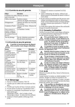 Page 1717
FRANÇAISFR
11.3.1 Contrôle de sécurité générale 
11.3.2 Contrôle de sécurité générale Contrôler le fonctionnement du disposi-
tif de sécurité avant chaque utilisation.
11.4 Démarrage
1.  Ouvrir le robinet d’essence. Voir 19.
2.  Vérifier que les câbles sont raccordés aux bou-gies.
3.  Vérifier que la prise de force n’est pas activée. 
4.  Ne pas laisser le pied sur l’accélérateur (9:F). 
5. ramener la commande d’accélérateur sur la po- sition pleins gaz. 
Démarrage à froid – tirer le choke à fond....