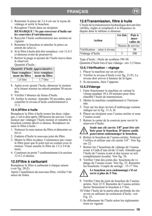 Page 1919
FRANÇAISFR
2.  Remonter la pince de 3 à 4 cm sur le tuyau de vidange et sortir le bouchon.
3. Récupérer l’huile  dans un récipient.
REMARQUE ! Ne pas renverser d’huile sur 
les courroies d’entraînement.
4. Recycler l’huile conf ormément aux normes en 
vigueur.
5. Remettre le bouchon et  attacher la pince en 
amont de celui-ci.
6. Si le filtre  à huile doit être  remplacé, voir 12.4.3 
ci-dessous avant de poursuivre.
7.  Retirer la jauge et ajou ter de l’huile neuve dans 
le réservoir.
Quantité d’huile...