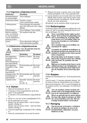 Page 3232
NEDERLANDSNL
11.3.1 Algemene veiligheidscontrole
11.3.2 Elektrische veiligheidscontroleControleer voor elk gebruik of het be-
veiligingssysteem werkt.
11.4 Starten
1.  Open de benzinekraan. Zie 19.
2.  Controleer of the bougiekabel(s) op de bou-gie(s) is/zijn geplaatst.
3.  Controleer of de krachtafnemer uitgeschakeld  is. 
4.  Houd uw voet niet op het aandrijfpedaal (9:F). 
5. Zet de gashendel op vol gas.  Starten van een koude mo tor - trek de choke-
hendel volledig uit. 
Starten van een warme motor...