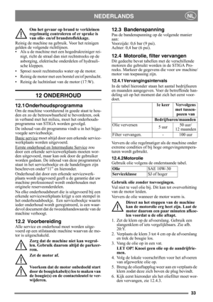Page 3333
NEDERLANDSNL
Om het gevaar op brand te verkleinen 
regelmatig controleren of er sprake is 
van olie- en/of brandstoflekkage. 
Reinig de machine na gebruik. Voor het reinigen 
gelden de volgende richtlijnen.
• Als u de machine met  een hogedrukreiniger rei-
nigt, richt de straal dan  niet rechtstreeks op de 
asborging, elektrische  onderdelen of hydrauli-
sche kleppen.
• Sproei nooit rechtstreeks water op de motor. 
• Reinig de motor met een borstel en/of perslucht.
• Reinig de luchtinlaat van de motor...