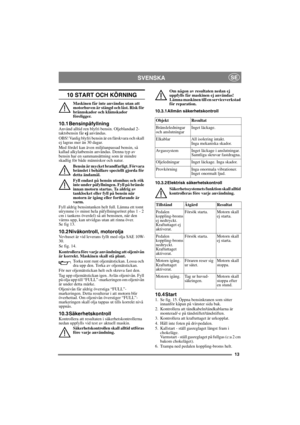 Page 1313
SVENSKASE
10 START OCH KÖRNING
Maskinen får inte användas utan att 
motorhuven är stängd och låst. Risk för 
brännskador och klämskador 
föreligger.
10.1 BensinpåfyllningAnvänd alltid ren blyfri bensin. Oljeblandad 2-
taktsbensin får ej användas.
OBS! Vanlig blyfri bensin är en färskvara och skall 
ej lagras mer än 30 dagar.
Med fördel kan även miljöanpassad bensin, så 
kallad alkylatbensin användas. Denna typ av 
bensin har en sammansättning som är mindre 
skadlig för både människor och natur.
Bensin...