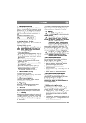 Page 1515
SVENSKASE
11.4 Byte av motoroljaByt motorolja första gången efter 5 drifttimmar, 
sedan var 50:e drifttimma eller en gång per säsong. 
Byt olja oftare, var 25:e drifttimma eller minst en 
gång per säsong, om motorn får arbeta extremt 
tungt eller om den omgivande temperaturen är 
hög.
Använd olja enligt tabellen nedan..
Använd inga tillsatser till oljan.
Fyll inte på för mycket olja. Det kan resultera i att 
motorn överhettas. 
Byt olja när motorn är varm.
Motoroljan kan vara mycket varm om 
den...