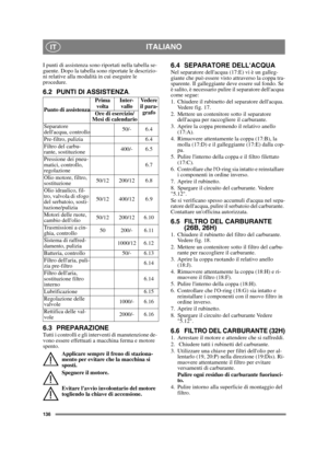 Page 136136
ITALIANOIT
I punti di assistenza sono riportati nella tabella se-
guente. Dopo la tabella sono riportate le descrizio-
ni relative alla modalità in cui eseguire le 
procedure.
6.2 PUNTI DI ASSISTENZA.
6.3 PREPARAZIONETutti i controlli e gli interventi di manutenzione de-
vono essere effettuati a macchina ferma e motore 
spento.Applicare sempre il freno di staziona-
mento per evitare che la macchina si 
sposti.
Spegnere il motore.
Evitare lavvio involontario del motore 
togliendo la chiave di...