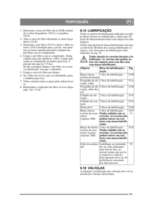 Page 171171
PORTUGUÊSPT
1.  Desmonte a caixa do filtro de ar (26:R) retiran-do as duas braçadeiras (26:T) e o parafuso 
(26:S).
2. Abra a caixa do filtro libertando as duas braça- deiras (24:X).
3. Desmonte o pré-filtro (24:V) e deixe o filtro in- terior (24:U) instalado para o pó etc. não pene-
trar no motor quando proceder à limpeza do 
pré-filtro com ar comprimido.
4. Limpe o pré-filtro com ar comprimido. Tenha  cuidado para não danificar o filtro. Limpe apli-
cando ar comprimido de dentro para fora. A...