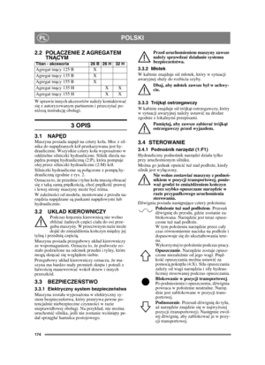 Page 174174
POLSKIPL
2.2 POŁĄ CZENIE Z AGREGATEM 
TN ĄCYM
W sprawie innych akcesoriów nale ży kontaktowa ć 
si ę z autoryzowanym partnerem i przeczyta ć po-
ni ższ ą instrukcję  obsugi.
3 OPIS
3.1 NAP ĘDMaszyna posiada nap ęd na cztery koa. Moc z sil-
nika do nap ędzanych kó przekazywana jest hy-
draulicznie. Wszystkie cztery koa wyposa żono w 
oddzielne silniczki hydrauliczne. Silnik diesla na-
p ędza pompę  hydrauliczn ą (2:P), która pompuje 
olej przez silniczki hydrauliczne (2:M) kó. 
Silniczki hydrauliczne...