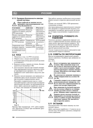 Page 198198
РУССКИЙRU
5.7.2Проверка  безопасности  электри -
ческой  системы
Перед  работой  на  машине  всегда  
проверяйте  функционирование  сис-
темы  безопасности .
5.8ПУСК1. Убедит е с ь  в  том , что  PTO отключен . 
2.  Убер и те  ногу  с  педали  акселератора. 
3.  Ус т а н о в и т е  регулятор  дроссельной  заслонки  
в  положение  ј . 
4.  Выжмите  педаль  тормоза  до  отказа . Должен  
засветиться  индикатор  (1:M).
5.  Для  холод ного  запуска  при  низкой  темпера -
туре  окружающего  воздуха...