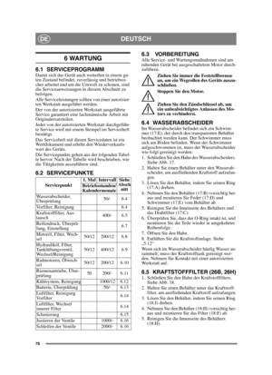 Page 7676
DEUTSCHDE
6 WARTUNG
6.1 SERVICEPROGRAMMDamit sich das Gerät auch weiterhin in einem gu-
ten Zustand befindet, zuverlässig und betriebssi-
cher arbeitet und um die Umwelt zu schonen, sind 
die Serviceanweisungen in diesem Abschnitt zu 
befolgen.
Alle Serviceleistungen sollten von einer autorisier-
ten Werkstatt ausgeführt werden.
Der von der autorisierten Werkstatt ausgeführte 
Service garantiert eine fachmännische Arbeit mit 
Originalersatzteilen.
Jeder von der autorisierten Werkstatt durchgeführ-
te...