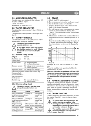 Page 8989
ENGLISHEN
5.5 AIR FILTER INDICATORCheck to make sure that the air filter indicator (25, 
26:I) has not been tripped. 
Check, see “3.5.7”.
Replace the air filter, see “6.14”.
5.6 WATER SEPARATORCheck that the water separator’s float (17:E) is at 
the bottom.
Check that the water separator’s tap is open. See 
fig. 15.
5.7 SAFETY CHECKSCheck that the results of the safety checks below 
are met when testing the machine.The safety checks must always be 
carried out before use.
If any of the results below...