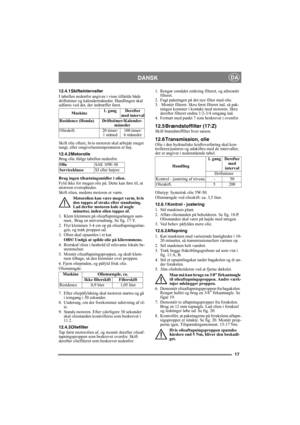 Page 1717
DANSKDA
12.4.1Skifteintervaller
I tabellen nedenfor angives i visse tilfælde både 
driftstimer og kalendermåneder. Handlingen skal 
udføres ved det, der indtræffer først.
Skift olie oftere, hvis motoren skal arbejde meget 
tungt, eller omgivelsestemperaturen er høj.
12.4.2 Motorolie
Brug olie ifølge tabellen nedenfor.
Brug ingen tilsætningsmidler i olien.
Fyld ikke for megen olie på. Dette kan føre til, at 
motoren overophedes. 
Skift olien, medens motoren er varm. Motorolien kan være meget varm, hvis...