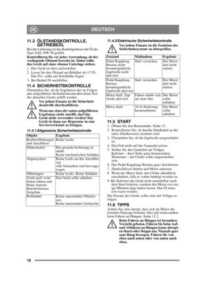 Page 1616
DEUTSCHDE
11.3 ÖLSTANDSKONTROLLE, GETRIEBEÖL
Bei der Lieferung ist das Kurbelgehäuse mit Öl des 
Typs SAE 10W-30 gefüllt.
Kontrollieren Sie vor jeder Anwendung, ob der 
vorliegende Ölstand korrekt ist. Dabei sollte 
das Gerät auf einer ebenen Unterlage stehen.
1. Das Gerät ist eben aufzustellen.
2. Lesen Sie den Ölstand am Behälter ab (17:P). 
Das Niv. sollte auf Strichhöhe liegen. 
3. Bei Bedarf Öl nachfüllen.
11.4 SICHERHEITSKONTROLLEÜberprüfen Sie, ob die Ergebnisse der im Folgen-
den aufgeführten...