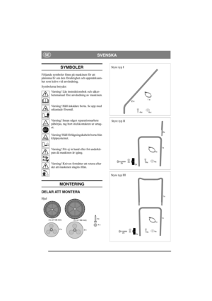 Page 2
SVENSKASE
SYMBOLER
Följande symboler finns på maskinen för att 
påminna Er om den försiktighet och uppmärksam-
het som krävs vid användning.
Symbolerna betyder:Varning! Läs instruktionsbok och säker-
hetsmanual före användning av maskinen.
Varning! Håll åskådare borta. Se upp med 
utkastade föremål.
Varning! Innan något reparationsarbete 
påbörjas, tag bort stickkontakten ur urtag-
et.
Varning! Håll förlägningskabeln borta från 
klippsystemet.
Varning! För ej in hand eller fot underkå-
pan då maskinen...