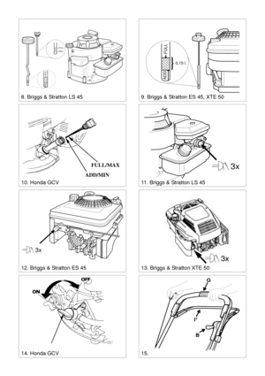 Page 3SVENSKA S
STOP
G
I*
B
3x
12. Briggs & Stratton ES 45
ADD
FULL
FULL
ADD
8. Briggs & Stratton LS 45
0,15 l.
ADD
FULL
9. Briggs & Stratton ES 45, XTE 50
10. Honda GCV
3x
13. Briggs & Stratton XTE 50
11. Briggs & Stratton LS 45
14. Honda GCV15. FULL/MAX
ADD/MIN 