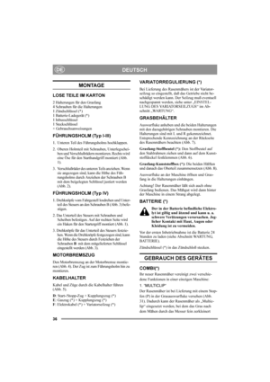 Page 3636
DEUTSCHDE
MONTAGE
LOSE TEILE IM KARTON
2 Halterungen für den Grasfang
4 Schrauben für die Halterungen
1 Zündschlüssel (*)
1 Batterie-Ladegerät (*)
1 Inbusschlüssel
1 Steckschlüssel
+ Gebrauchsanweisungen
FÜHRUNGSHOLM (Typ I-III)
1. Unteren Teil des Führungsholms hochklappen.
2. Oberen Holmteil mit Schrauben, Unterlegschei-
ben und Verschlußrädern montieren. Rechts wird 
eine Öse für den Starthandgriff montiert (Abb. 
1).
3. Verschlußräder des unteren Teils anziehen. Wenn 
sie angezogen sind, kann die...