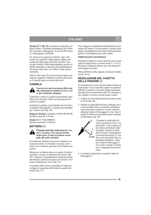 Page 7575
ITALIANOIT
Honda GCV (fig. 23): Smontare il coperchio e to-
gliere il filtro. Controllare attentamente che il filtro 
non sia forato o danneggiato. In caso di filtro buca-
to o danneggiato, sostituirlo.
Per rimuovere la sporcizia, batterlo varie volte 
contro una superficie rigida oppure soffiare aria 
compressa dalla parte posteriore del filtro. Non 
cercare di pulire il filtro spazzolandolo, poiché ciò 
farebbe penetrare la sporcizia più profondamente 
all’interno delle fibre. Se il filtro è molto...