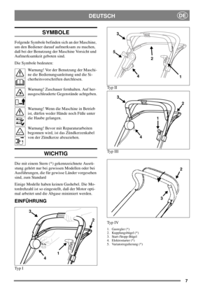 Page 67
DEUTSCHDE
SYMBOLE
Folgende Symbole befinden sich an der Maschine,
um den Bediener darauf aufmerksam zu machen,
daß bei der Benutzung der Maschine Vorsicht und
Aufmerksamkeit geboten sind.
Die Symbole bedeuten:
Warnung! Vor der Benutzung der Maschi-
ne die Bedienungsanleitung und die Si-
cherheitsvorschriften durchlesen.
Warnung! Zuschauer fernhalten. Auf her-
ausgeschleuderte Gegenstände achtgeben.
Warnung! Wenn die Maschine in Betrieb
ist, dürfen weder Hände noch Füße unter
die Haube gelangen....