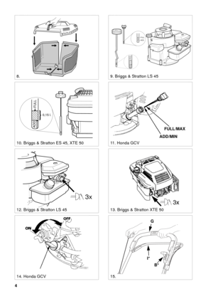 Page 34
SVENSKA S
12. Briggs & Stratton LS 45
ADD
FULL
FULL
ADD
8.9. Briggs & Stratton LS 45
10. Briggs & Stratton ES 45, XTE 50
13. Briggs & Stratton XTE 50
11. Honda GCV
14. Honda GCV15.FULL/MAX
ADD/MIN
I*
B* G
3x
0,15 l.
ADD
FULL 
