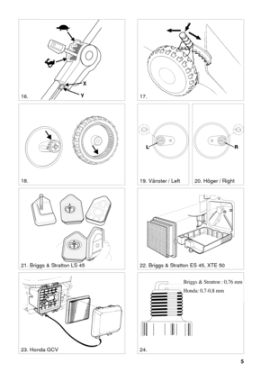 Page 45
SVENSKAS
17. YX
19. Vänster / Left
22. Briggs & Stratton ES 45, XTE 5021. Briggs & Stratton LS 45
18.
23. Honda GCV24.
20. Höger / Right
0,75 mm
Briggs & Stratton : 0,76 mm
Honda: 0,7-0,8 mm
16. 