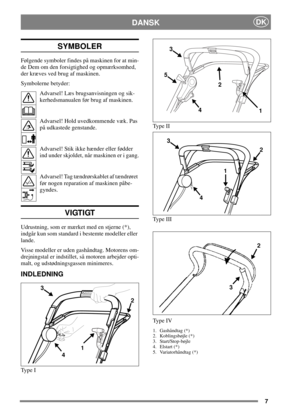 Page 67
DKDANSK
SYMBOLER
Følgende symboler findes på maskinen for at min-
de Dem om den forsigtighed og opmærksomhed,
der kræves ved brug af maskinen.
Symbolerne betyder:
Advarsel! Læs brugsanvisningen og sik-
kerhedsmanualen før brug af maskinen.
Advarsel! Hold uvedkommende væk. Pas
på udkastede genstande.
Advarsel! Stik ikke hænder eller fødder
ind under skjoldet, når maskinen er i gang.
Advarsel! Tag tændrørskablet af tændrøret
før nogen reparation af maskinen påbe-
gyndes.
VIGTIGT
Udrustning, som er mærket...