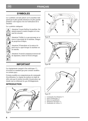 Page 68
FRANÇAISFR
SYMBOLES
Les symboles suivants placés sur la machine indi-
quent que la plus grande attention et la plus grande
prudence sont requises lors de lutilisation de la
machine.
Les symboles indiquent:
Attention! Avant dutiliser la machine, lire
attentivement le mode demploi et le ma-
nuel de sécurité.
Attention! Veiller à ce que personne ne se
trouve à proximité de la machine. Danger
de projection dobjets.
Attention! Nintroduire ni la main ni le
pied sous le capot lorsque la machine est
en...