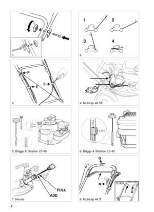 Page 22
SVENSKA S
12
34
F
EE
STOP
N
G
I
I
EURO
G
ADDFULL
12
34
3.4. Multiclip 46 SE
2.
ADD
FULL
FULL
ADD
0,15 l.
ADD
FULL
7. Honda
6. Briggs & Stratton ES 45
8. Multiclip 46 S
5. Briggs & Stratton LS 45
1. 