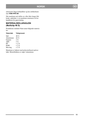 Page 1011
NORSKNO
autoriserte Stiga-forhandlere og har artikkelnum-
mer9500-9995-00
Når maskinen må skiftes ut, eller ikke lenger blir
brukt, anbefaler vi at maskinen returneres til for-
handleren for gjenvinning.
MATERIALDEKLARASJON
(Multiclip 46 S)
Produktene omfatter blant annet følgende materia-
ler:
Materiale Vektprosent
Stål 40 %
Aluminium 44 %
Gummi 3 %
ABS 2 %
PP < 2 %
POM < 2 %
Messing < 2 %
Maskinen er lakkert med polyesterbasert pulver-
lakk. Motorblokken er støpt i aluminium. 