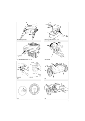 Page 33
SVENSKAS
3x
STOP
N
G
9. Multiclip 46 SE 10. Briggs & Stratton LS 45
11. Briggs & Stratton ES 45
3x
12. Honda
13.14. 
15. 16.
I
SS
S
FRONTREAR 