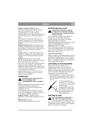 Page 8
NORSKNO
Briggs & Stratton LS 40/45:Demonter 
luftrenseren forsiktig slik at det ikke kommer 
smuss inn i forgasseren (fig. 17). Ta ut 
skumplastfilteret og vask det i flytende 
oppvaskmiddel og vann.  Tørk filteret. Hell litt olje 
på filteret og gni den i nn. Monter luftrenseren 
igjen.
Vask filteret hver tred je måned eller hver 25. 
driftstime, avhengig av hva som inntreffer først. 
Rengjør oftere hvis motoren brukes på støvete 
underlag.
Briggs & Stratton ES 45:  Løsne skruen og fell 
ned lokket til...