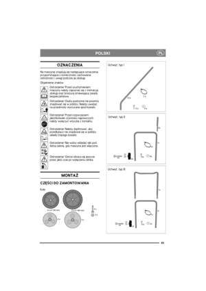 Page 4141
PLPOLSKI
OZNACZENIA
Na maszynie znajduj± siê nastêpuj±ce oznaczenia 
przypominaj±ce o konieczno¶ci zachowania 
ostro¿no¶ci i uwagi podczas jej obs³ugi.
Obja¶nienie znaków:
Ostrze¿enie! Przed uruchomieniem 
maszyny nale¿y zapoznaæ siê z instrukcj± 
obs³ugi oraz broszur± omawiaj±c± zasady 
bezpieczeñstwa.
Ostrze¿enie! Osoby postronne nie powinny 
znajdowaæ siê w pobli¿u. Nale¿y uwa¿aæ 
na przedmioty wyrzucane spod kosiarki.
Ostrze¿enie! Przed rozpoczêciem 
jakichkolwiek czynno¶ci naprawczych 
nale¿y...