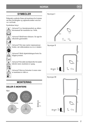 Page 67
NORSKNO
SYMBOLER
Følgende symboler finnes på maskinen for å minne
om den forsiktighet og oppmerksomhet som kre-
ves ved bruk.
Symbolene betyr:
Advarsel! Les Instruksjonsbok og sikker-
hetsmanual før maskinen tas i bruk.
Advarsel! Hold borte tilskuere. Se opp for
utkastede gjenstander.
Advarsel! Før man starter reparasjonsar-
beider, må stikkontakten tas ut av uttaket.
Advarsel! Hold skjøteledningen borte fra
klippesystemet.
Advarsel! Før aldri inn hånd eller fot under
dekslet mens maskinen er igang....