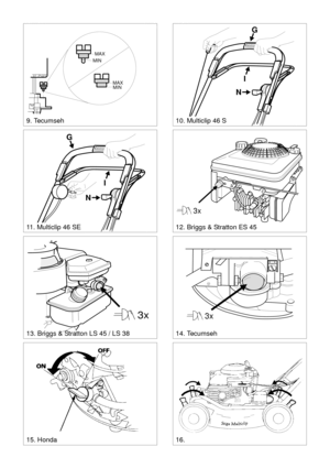 Page 3SVENSKA S
STOP
STOP
N
G
9. Tecumseh
MAX
MIN
MAX
MIN
10. Multiclip 46 S
11. Multiclip 46 SE
3x
12. Briggs & Stratton ES 45
3x
13. Briggs & Stratton LS 45 / LS 38
3x
14. Tecumseh
15. Honda16.
I
N
G
I 