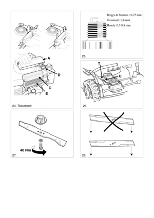 Page 5SVENSKA S
27.
40 Nm
0,75 mm
25.
Briggs & Stratton : 0,75 mm
Tecumseh: 0,6 mm
Honda: 0,7-0,8 mm
28.
24. Tecumseh
D
C A
E
27.
40 Nm
26.
T
U 