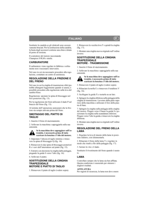 Page 11
ITALIANOIT
Sostituire la candela se gli elettrodi sono eccessi-
vamente bruciati. Per la sostituzione della candela, 
la busta degli accessori contiene una chiave dotata 
di perno di torsione. 
Il costruttore del motore raccomanda: 
Champion J19LM o simile.
CARBURATORE
Il carburatore viene regolato in fabbrica e solita-
mente non è necessario intervenire.
Nel caso in cui sia necessario procedere alla rego-
lazione, contattare un centro di assistenza.
REGOLAZIONE DELLA FRIZIONE E 
DEL FRENO
Nel caso in...