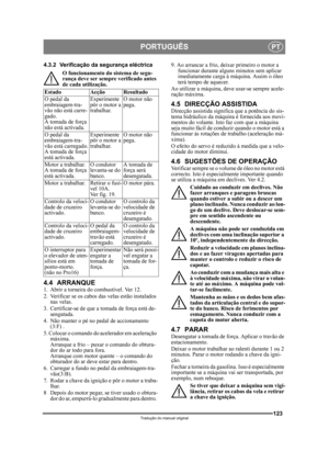 Page 123123
PORTUGUÊSPT
Tradução do manual original
4.3.2 Verificação da segurança eléctricaO funcionamento do sistema de segu-
rança deve ser sempre verificado antes 
de cada utilização.
4.4 ARRANQUE1.  Abrir a torneira do combustível. Ver 12.
2.  Verificar se os cabos das velas estão instalados nas velas.
3.  Certificar-se de que a tomada de força está de- sengatada. 
4.  Não manter o pé no pedal de accionamento  (3:F) . 
5. Colocar o comando do acelerador em aceleração  máxima. 
Arranque a frio – puxar o...