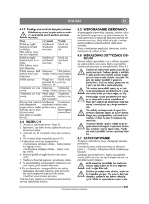 Page 135135
POLSKIPL
Tłumaczenie instrukcji oryginalnej
4.3.2 Elektryczna kontrola bezpiecze ństwaDzia łanie systemu bezpiecze ństwa nale-
ży sprawdza ć przed każdym u życiem 
maszyny.
4.4 ROZRUCH1. Otworzy ć zawór paliwowy. Patrz 12.
2. Sprawdzi ć, czy kable świec zap łonowych s ą za-
ł oż one na ś wiece.
3. Upewni ć się, że wa ł pobór mocy jest wy łączo-
ny. 
4. Nie trzyma ć stopy na pedale gazu (3:F). 
5. Ca łkowicie otworzy ć przepustnic ę. 
Uruchamianie zimnego silnika – maksymalnie 
wyci ągnąć ssanie....