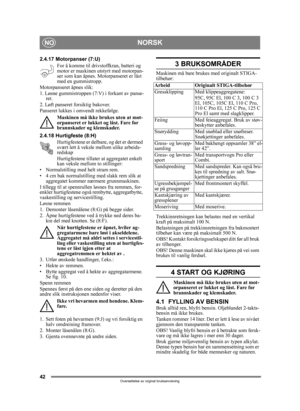 Page 4242
NORSKNO
Oversettelse av orginal bruksanvisning
2.4.17 Motorpanser (7:U)For å komme til drivstoffkran, batteri og 
motor er maskinen utstyrt med motorpan-
ser som kan åpnes. Motorpanseret er låst 
med en gummistropp.
Motorpanseret åpnes slik:
1. Løsne gummistroppen (7:V) i forkant av panse- ret.
2. Løft panseret forsiktig bakover.
Panseret lukkes i omvendt rekkefølge.
Maskinen må ikke brukes uten at mot-
orpanseret er lukket og låst. Fare for 
brannskader og klemskader.
2.4.18 Hurtigfeste (8:H)...