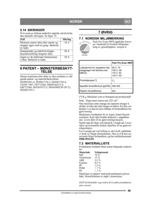 Page 4949
NORSKNO
Oversettelse av orginal bruksanvisning
5.14 SIKRINGERHvis noen av feilene nedenfor oppstår, må du bytte 
den aktuelle sikringen. Se figur 19.
6 PATENT – MØNSTERBESKYT-
TELSE
Denne maskinen eller deler av den omfattes av føl-
gende patent- og mønsterbeskyttelse:
SE9901091-0, SE9901730-3, SE9401745-6, 
US595 7497, FR772384, DE69520215.4, 
GB772384, SE0301072-5, SE04/000239 (PCT), 
SE0401554-1.
7 ØVRIG
7.1 NORDISK MILJØMERKINGPark Pro Svan 4WD oppfyller krave-
ne i henhold til Nordisk Miljømer-...