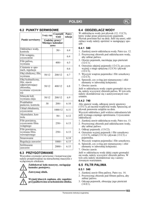 Page 183183
POLSKIPL
Tłumaczenie instrukcji oryginalnej
6.2 PUNKTY SERWISOWE.
6.3 PRZYGOTOWANIEWszystkie czynno ści serwisowe i konserwacyjne 
nale ży przeprowadza ć na nieruchomej maszynie z 
wy łączonym silnikiem.
Zablokowa ć ko ła maszyny, zaci ągając 
hamulec postojowy.
Zatrzymaj silnik.
Wyjmij kluczyk zap łonu, aby zapobiec 
przypadkowemu uruchomieniu silnika. 
6.4 ODDZIELACZ WODYW oddzielaczu wody jest p ływak (12, 13:C3), 
który wida ć przez przezroczysty pojemnik. 
P ływak powinien być  na dnie. Jeśli...