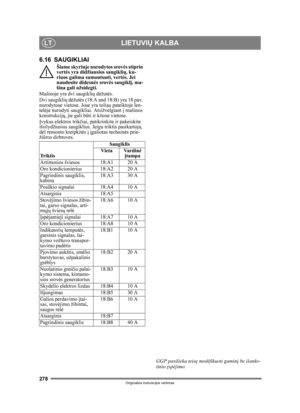 Page 278278
LIETUVIŲ KALBALT
Originalios instrukcijos vertimas
6.16 SAUGIKLIAI
Šiame skyriuje nurodytos srov ės stiprio 
vert ės yra didžiausios saugikli ų, ku-
riuos galima sumontuoti, vert ės. Jei 
naudosite didesn ės srov ės saugikl į, ma-
šina gali užsidegti.
Mašinoje yra dvi saugikli ų dėžut ės.
Dvi saugikli ų dėžutė s (18:A and 18:B) yra 18 pav. 
nurodytose vietose. Jose yr a toliau pateiktoje len-
tel ėje nurodyti saugikliai. Atsižvelgiant  į mašinos 
konstrukciją , jie gali būti ir kitose vietose.
Į...