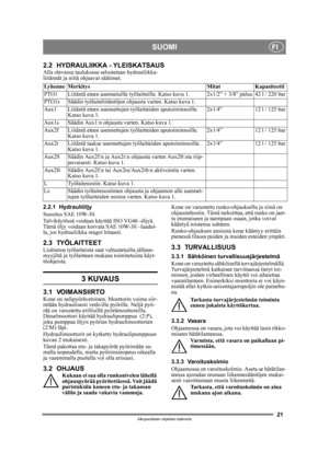 Page 2121
SUOMIFI
Alkuperäisten ohjeiden käännös
2.2 HYDRAULIIKKA - YLEISKATSAUSAlla olevassa taulukossa selostetaan hydrauliikka-
liitännät ja niitä ohjaavat säätimet. 
2.2.1 Hydrauliöljy
Suositus SAE 10W-30.
Talvikäytössä voidaan käyttää ISO VG46 -öljyä. 
Tämä öljy voidaan korva ta SAE 10W-30 –laadul-
la, jos hydrauliikka reagoi hitaasti.
2.3 TYÖLAITTEETLisätietoa työlaitteista saat valtuutetuilta jälleen-
myyjiltä ja työlaitteen mukana toimitetuista käyt-
töohjeista.
3 KUVAUS
3.1 VOIMANSIIRTOKone on...